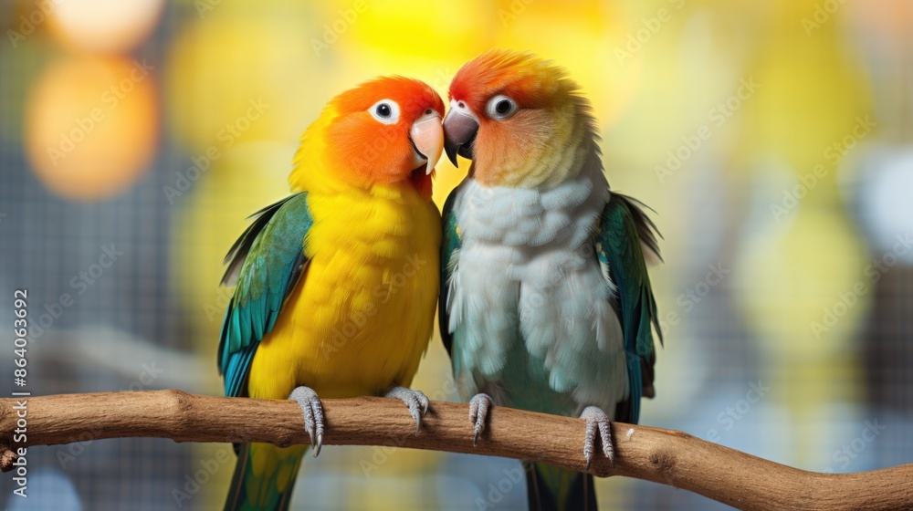 Obraz premium Beautiful parrots sitting on tree branch birds of australia loving each other, birds love concept