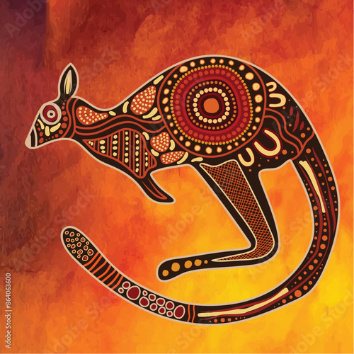 Aboriginal dot patterns adorn a Kangaroo art illustration