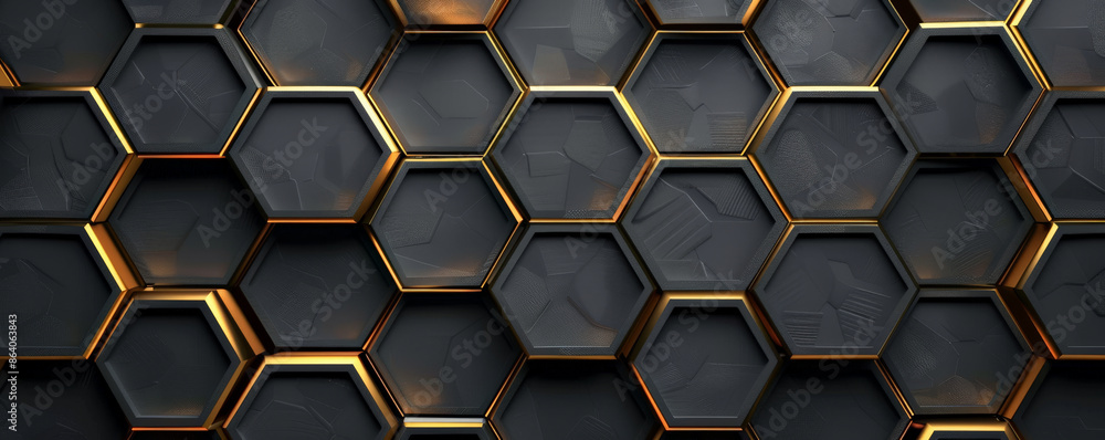 Abstract hexagon geometry background in black and gold. The hexagons have a sleek, glossy finish, with gold lines accentuating their edges. The overall design is luxurious and sophisticated, ideal for Abstract hexagon geometry background in black and gold. The hexagons have a sleek, glossy finish, with gold lines accentuating their edges. The overall design is luxurious and sophisticated, ideal for