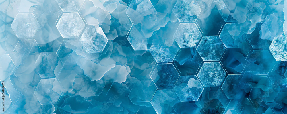 Abstract hexagon geometry background in shades of blue and white. The hexagons have a frosted, icy texture, creating a cool and refreshing design. The overall effect is crisp and clean, perfect for a Abstract hexagon geometry background in shades of blue and white. The hexagons have a frosted, icy texture, creating a cool and refreshing design. The overall effect is crisp and clean, perfect for a