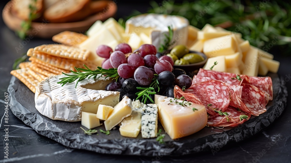 A gourmet cheese platter featuring a selection of international cheeses, crackers, grapes and meat A gourmet cheese platter featuring a selection of international cheeses, crackers, grapes and meat