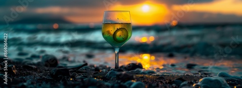 Summer Chill Delight: Vibrant fruity Drink on Sandy Shores, waves and Bubbles, Graphic resource, wallpaper, banner design, brochure, web, promotion, advertising, illustration, background,