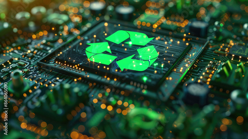 A computer chip with a green recycling symbol on it. Concept of recycling and the importance of being environmentally conscious photo