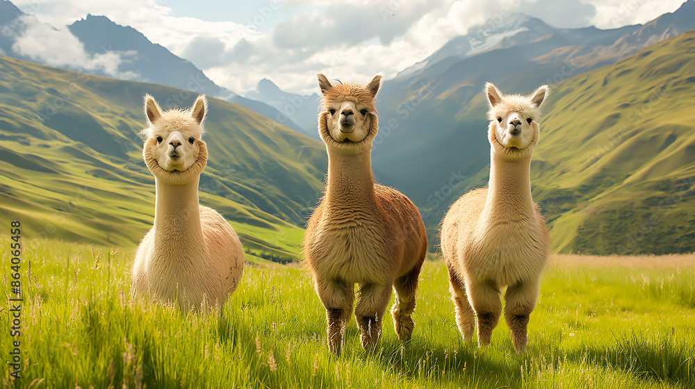 Fototapeta premium Three alpaca standing in the meadow on sunny day
