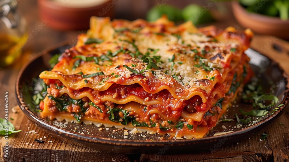 Close-up of a plate of plant-based lasagna with layers of tomato sauce, vegan ricotta, and fresh spinach Close-up of a plate of plant-based lasagna with layers of tomato sauce, vegan ricotta, and fresh spinach