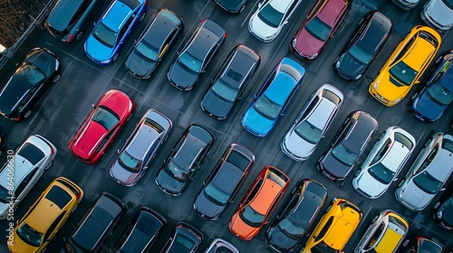 Top down aerial view of many cars on a parking lot of supermarket or on sale car dealer market