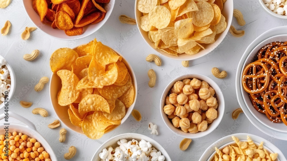 Assortment of traditional potato snacks mixed with peanuts popcorn onion rings salted pretzels twirl sticks potato chips crisps nachos and cheese balls in bowls on a bright table Assortment of traditional potato snacks mixed with peanuts popcorn onion rings salted pretzels twirl sticks potato chips crisps nachos and cheese balls in bowls on a bright table