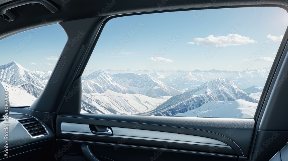 A black SUV drives along a winding road with mountain views in the background. The road is surrounded by lush green grass and trees, and the mountains are covered in snow A black SUV drives along a winding road with mountain views in the background. The road is surrounded by lush green grass and trees, and the mountains are covered in snow