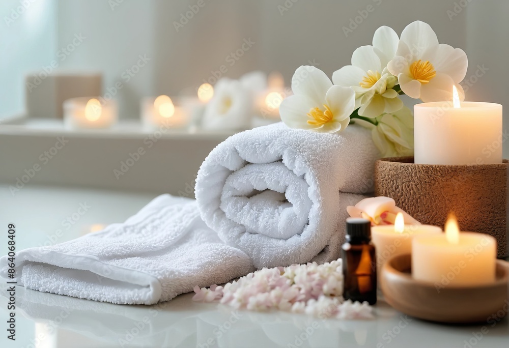 Spa background towel bathroom white luxury concept massage candle bath. Relax aromatherapy flower accessory zen therapy aroma beauty setting table salt oil