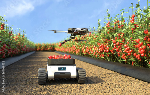 Drone is picking tomatoes in a tomato garden, Agricultural robots work in smart farms, Smart agriculture farming concept. 3D illustration photo