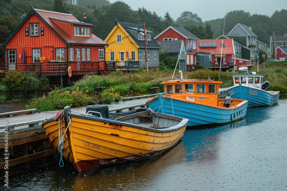 Obraz premium A quiet fishing village with colorful boats docked at a pier, and quaint houses in the background.