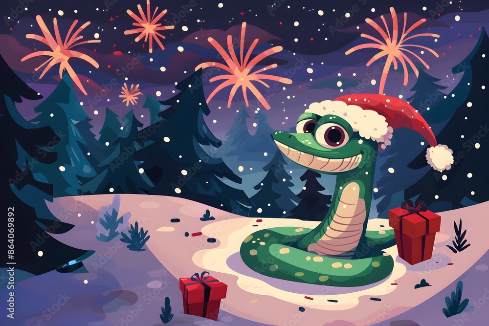 Fototapeta premium Happy New Year 2025, cute snake sitting on a winter background with a gift. Zodiac sign according to the Chinese horoscope. For congratulations, cards