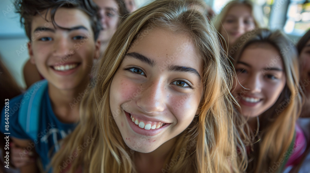 Smiling high school students taking a group photo indoors Smiling high school students taking a group photo indoors