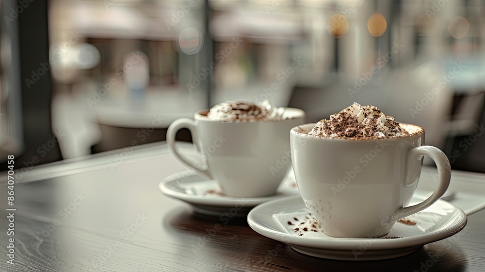 Fototapeta premium Two cups of cappuccino sit on a wooden table in a cafe