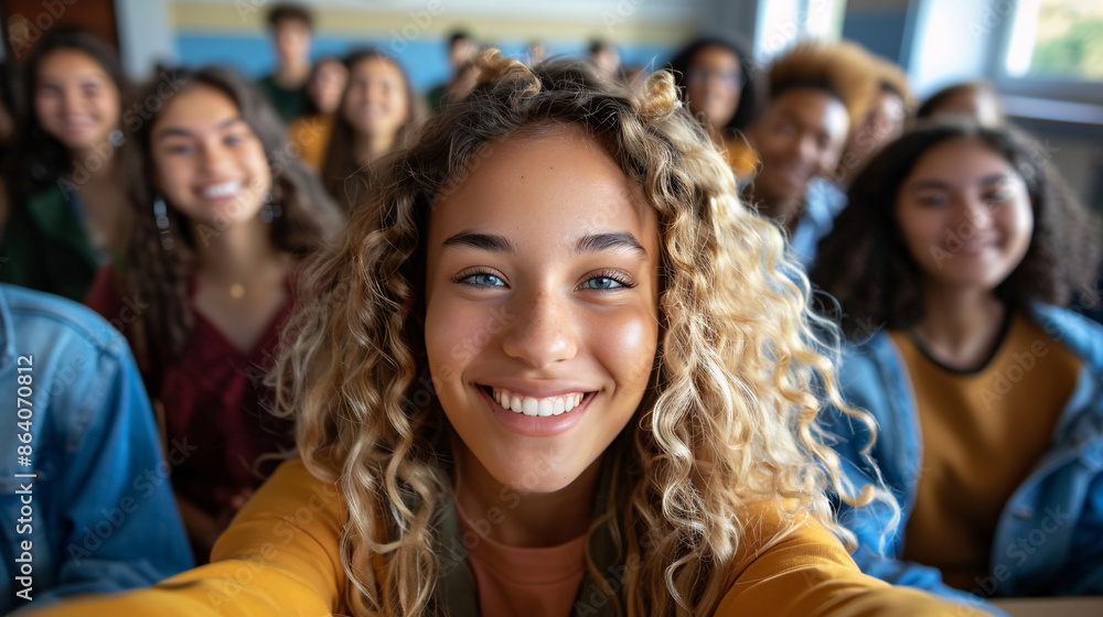 Smiling young people taking a group selfie in a college classroom Smiling young people taking a group selfie in a college classroom