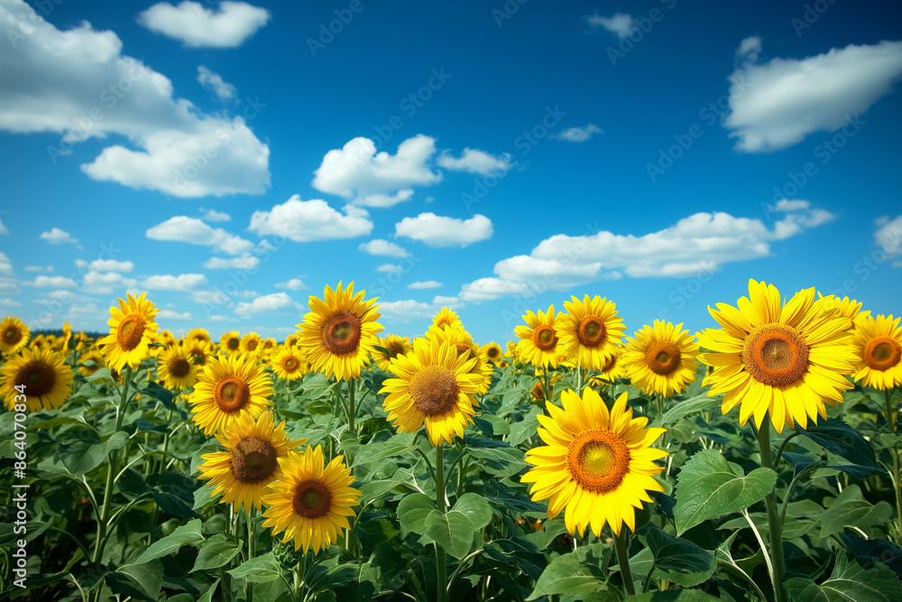 A beautiful sunflower field stretches as far as the eye can see, each bloom reaching towards a clear blue sky dotted with fluffy white clouds A beautiful sunflower field stretches as far as the eye can see, each bloom reaching towards a clear blue sky dotted with fluffy white clouds