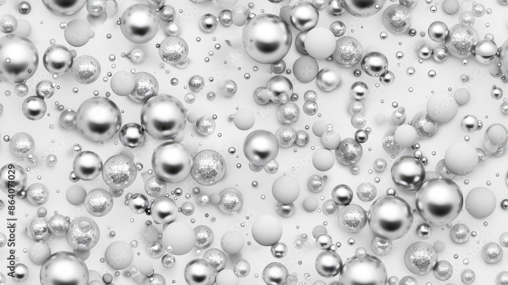 A digital rendering of many metallic silver spheres floating in front of a white background A digital rendering of many metallic silver spheres floating in front of a white background
