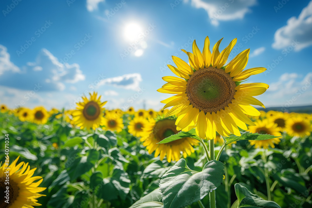 A vibrant sunflower field stretches into the distance, each bloom basking under a clear blue sky with a few fluffy white clouds A vibrant sunflower field stretches into the distance, each bloom basking under a clear blue sky with a few fluffy white clouds