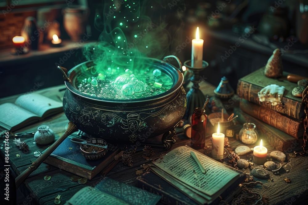 A witch's cauldron filled with a bubbling green potion, surrounded by spellbooks, candles, and various magical ingredients in a dark, cluttered room A witch's cauldron filled with a bubbling green potion, surrounded by spellbooks, candles, and various magical ingredients in a dark, cluttered room