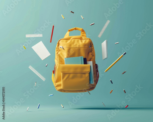 Back to school concept. Student backpack and flying school supplies on green background