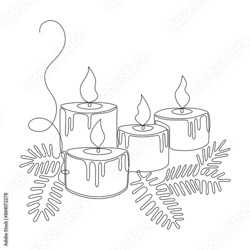 Advent candles and branches of a Christmas tree, drawing in the form of one continuous line in a minimalist style. Editable vector contour