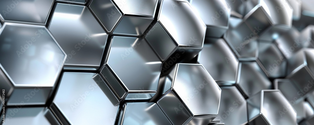 Abstract hexagon geometry background with a metallic sheen. The hexagons are in shades of silver and chrome, with a reflective surface that catches the light. The design is sleek and industrial, Abstract hexagon geometry background with a metallic sheen. The hexagons are in shades of silver and chrome, with a reflective surface that catches the light. The design is sleek and industrial,