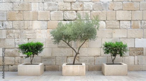 Two small trees planted in square stone planters are positioned against a stone wall. The trees are green and healthy, providing a splash of color against the tan stone