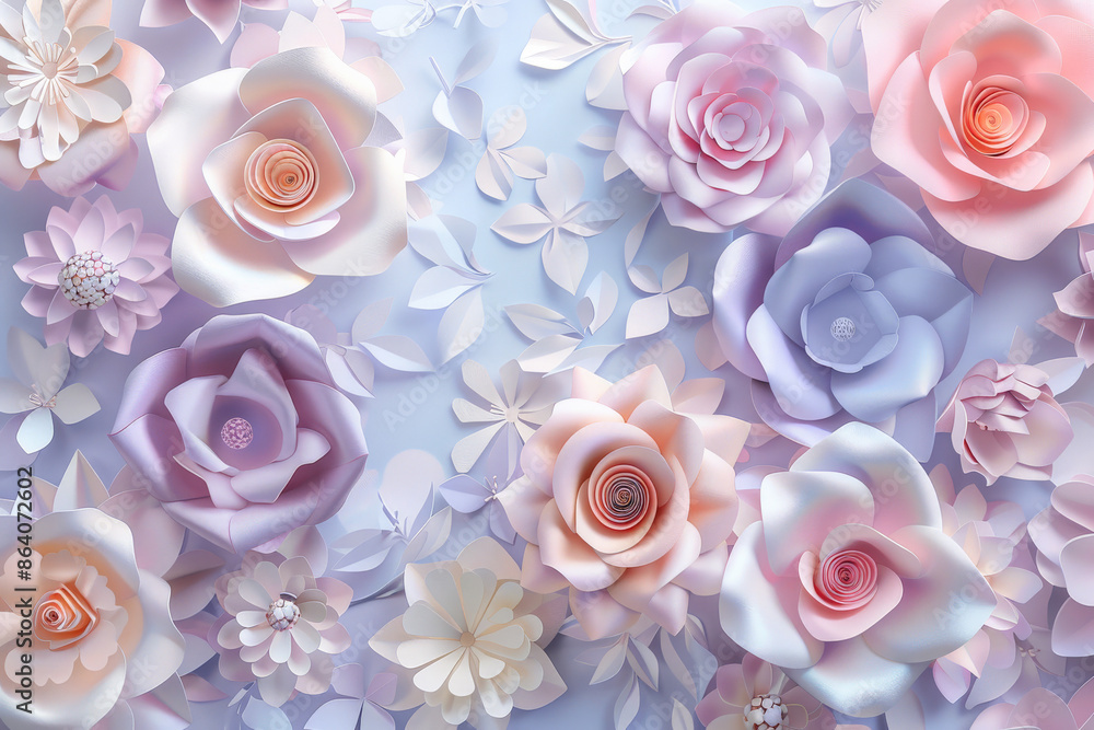 An elegant arrangement of pastel paper flowers forms a blooming wall in this 3D render. Ideal for Valentine's Day, Easter, Mother's Day, or wedding cards, this paper art style illustration captures An elegant arrangement of pastel paper flowers forms a blooming wall in this 3D render. Ideal for Valentine's Day, Easter, Mother's Day, or wedding cards, this paper art style illustration captures