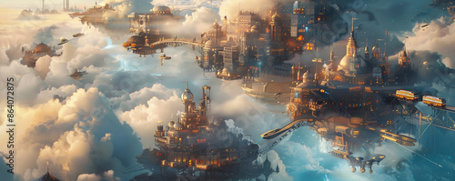 Futuristic landscape featuring a floating city above a cloud-covered planet. Sky bridges and aerial trams connect the floating structures, creating a surreal and magical atmosphere. photo