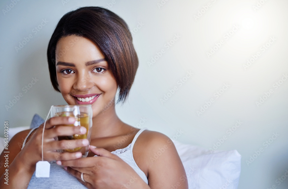 Woman, portrait and green tea for health with relax, morning energy and peace for wellness in home. Female person, glass and hot drink with calm weekend, alone time and stress relief in apartment Woman, portrait and green tea for health with relax, morning energy and peace for wellness in home. Female person, glass and hot drink with calm weekend, alone time and stress relief in apartment