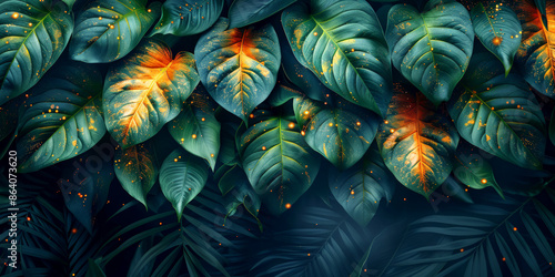 Tropical leaves with vibrant colors and glowing elements, perfect for nature, exotic, or decorative concepts. photo