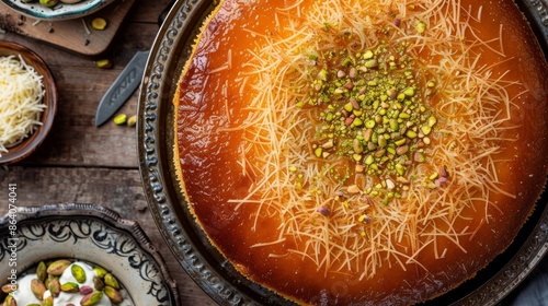 Kunefe is a classic Turkish dessert made with shredded dough, pistachios, and cheese. Served warm, it's a rich and sweet treat that's perfect for any occasion photo