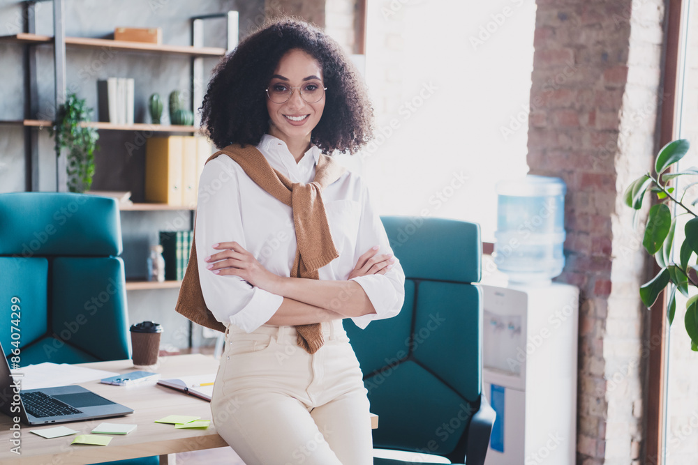 Photo of nice successful business woman folded arms posing wear white shirt modern office indoors