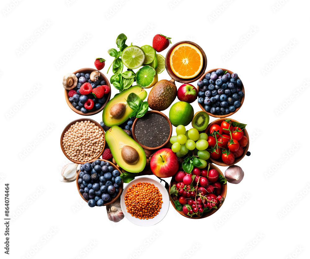 A variety of fresh fruits and berries displayed like beads on a white background A variety of fresh fruits and berries displayed like beads on a white background