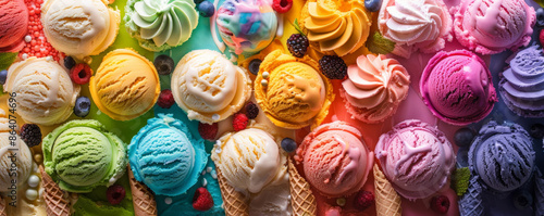 Ice cream background featuring a collage of different ice cream flavors and toppings in a vibrant and colorful arrangement. The bright and bold colors make the treats look even more enticing. © AI_images