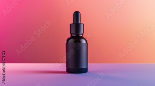 Sleek matte black dropper bottle with minimalist label on soft gradient background, exuding modern elegance and sophistication in design. Created with Generative AI.