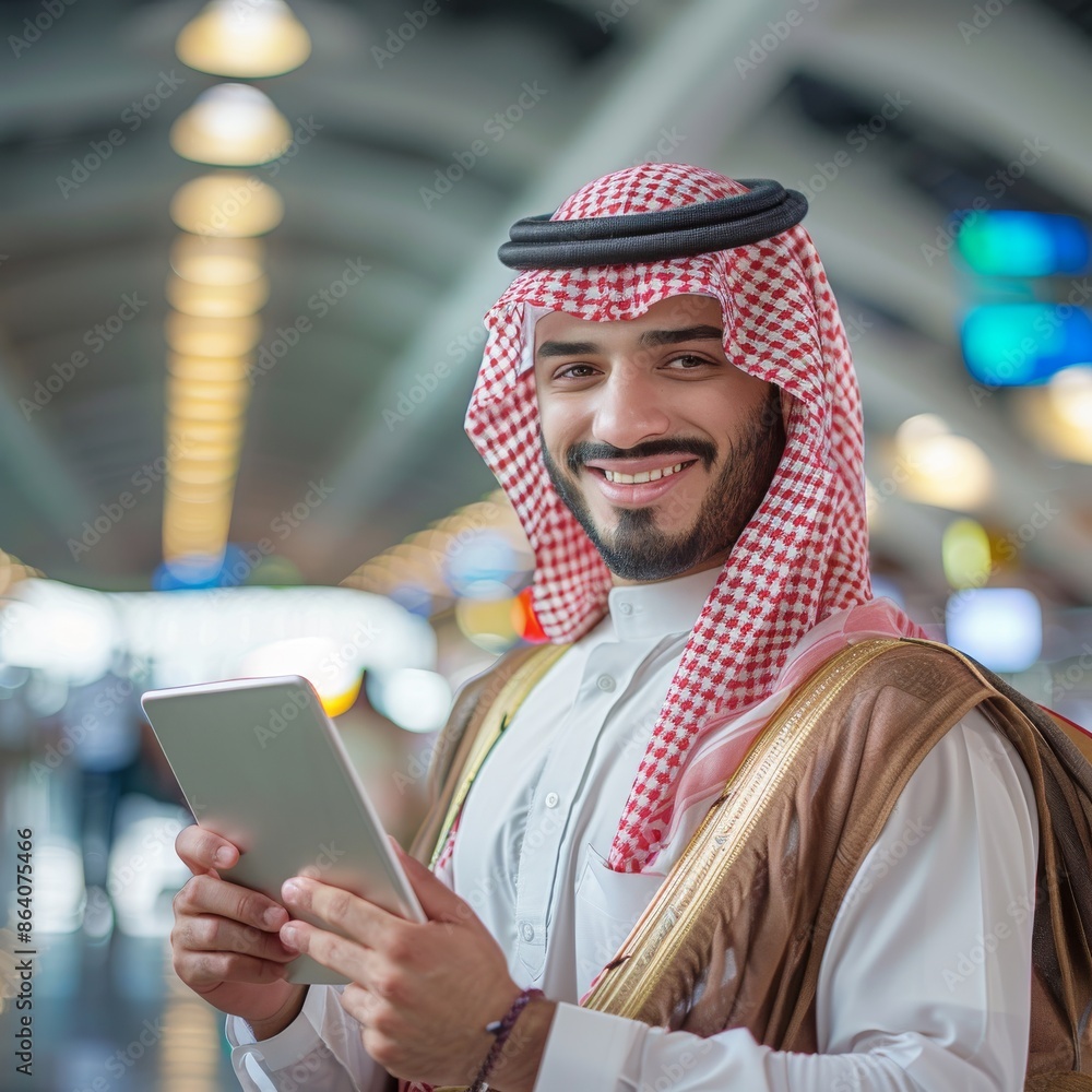 Smiling Eastern Man with Digital Tablet in Airport Terminal, Young Arab Using Tab Computer Smiling Eastern Man with Digital Tablet in Airport Terminal, Young Arab Using Tab Computer
