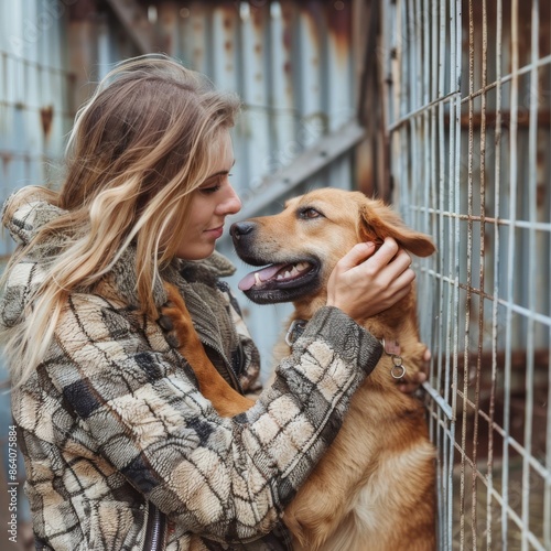Pet adoption, woman choosing dog in animal shelter, cute abandoned retriever in dog pound © artemstepanov