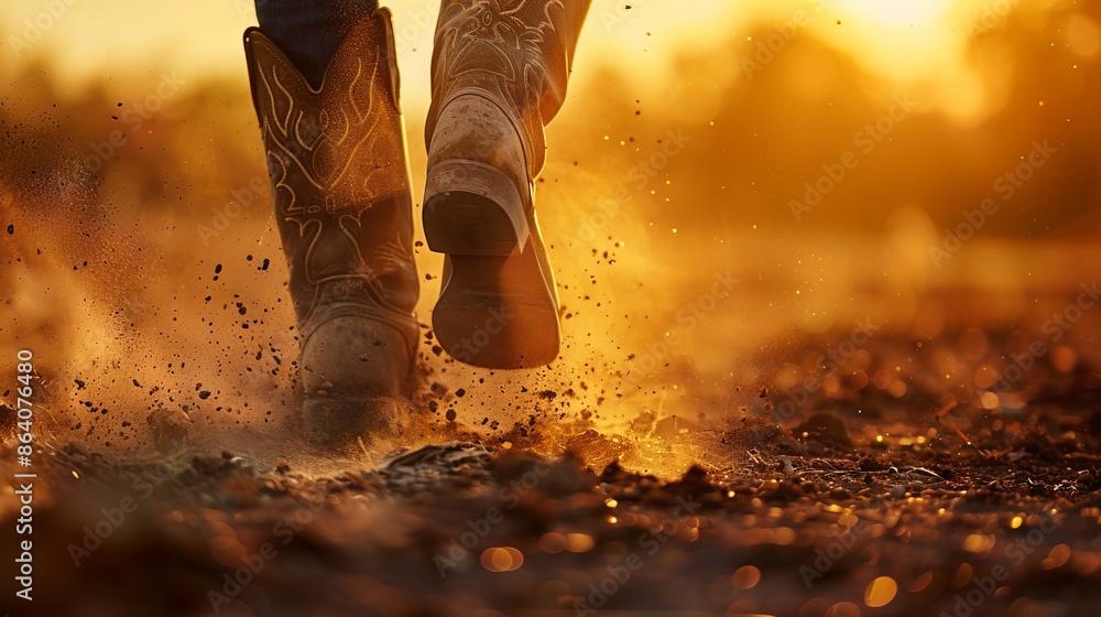 Cowboy boots kicking up dust on a dirt road