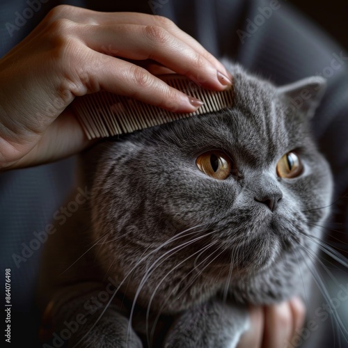 Cat combing, girl combs british shorthair cat hair, pet grooming, domestic animal fur, furry cat photo