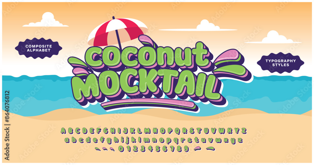 Naklejka premium Coconut Mocktail. Stylish typography composite alphabet. Easy use design font. Vector display letters. Suitable for poster headlines, holidays, food drink, snacks, appealing to children.