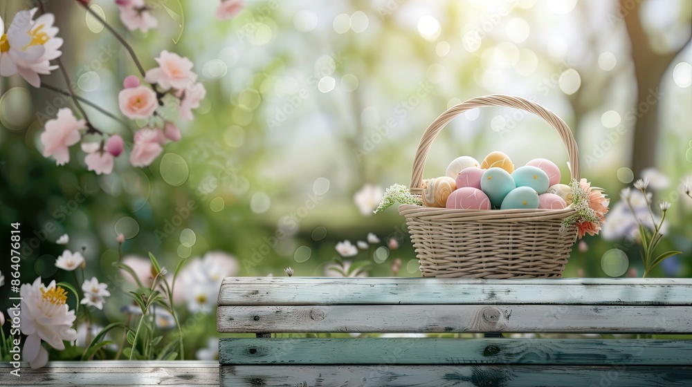A wicker basket filled with colorful Easter eggs and spring flowers sits on a wooden table against a blurred background of blooming trees A wicker basket filled with colorful Easter eggs and spring flowers sits on a wooden table against a blurred background of blooming trees