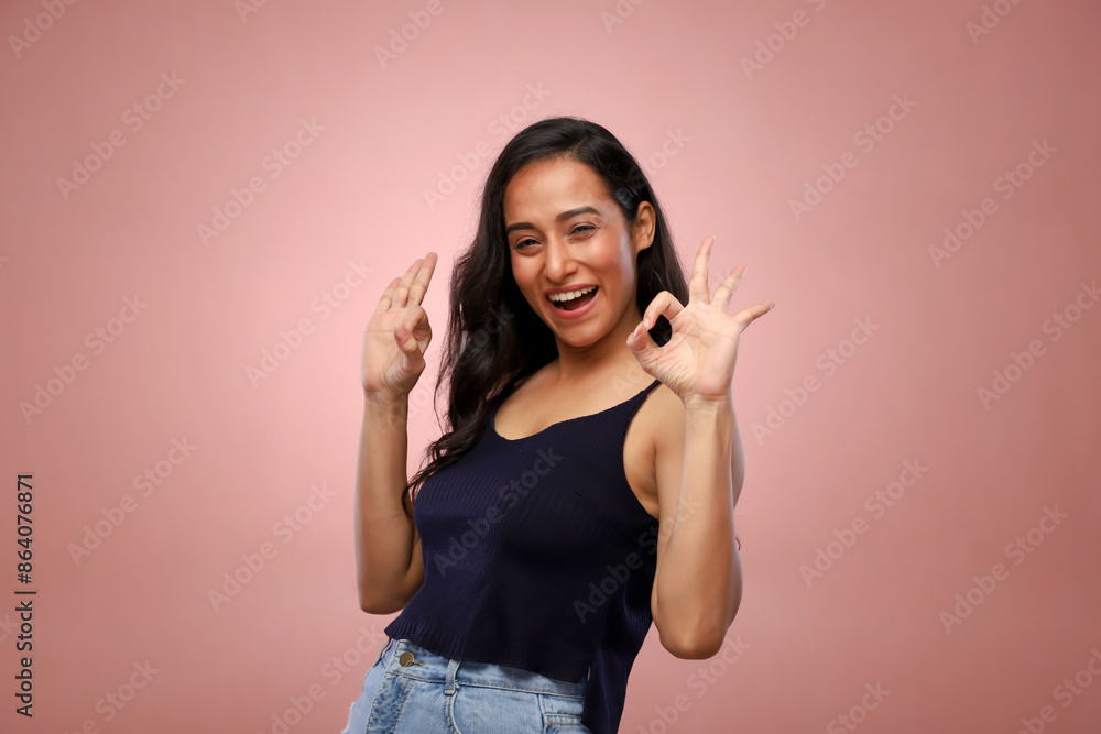 A Cool Woman Makes An Ok Sign With Both Hands A Cool Woman Makes An Ok Sign With Both Hands