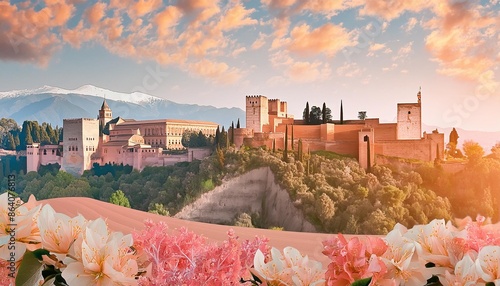 Illustrate the cultural richness of the Alhambra Palace in Granada, Spain, with intricate Islamic architecture and lush gardens.