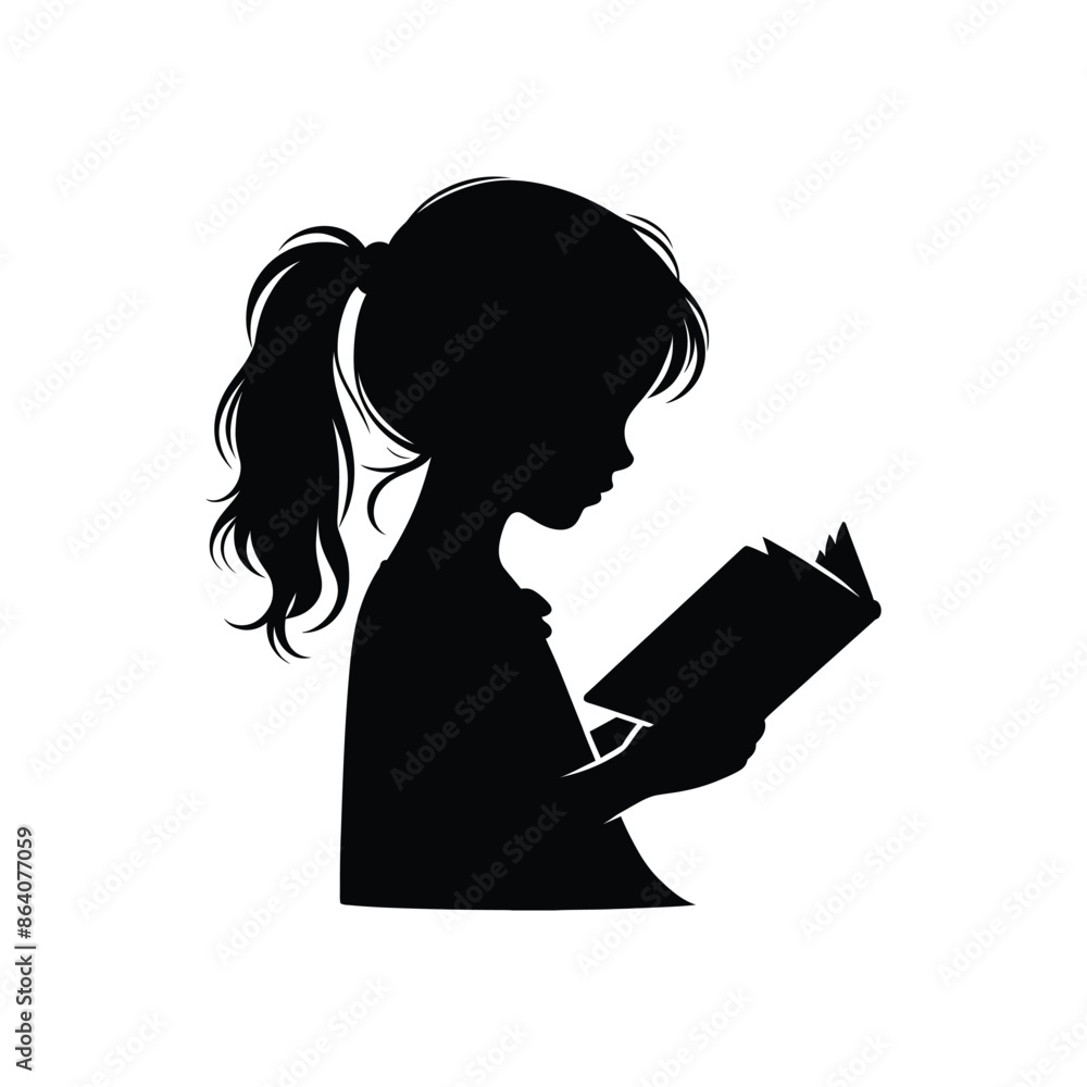 Charming Silhouette of Child Reading Book - Black and White Vector Art for Education, Learning, and Childhood Concepts Charming Silhouette of Child Reading Book - Black and White Vector Art for Education, Learning, and Childhood Concepts