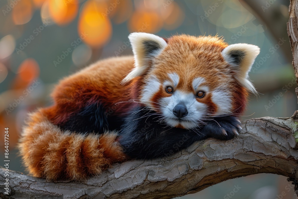 Naklejka premium A red panda perched on a tree branch, its fluffy tail curled around its body and its curious eyes looking directly at the camera. 