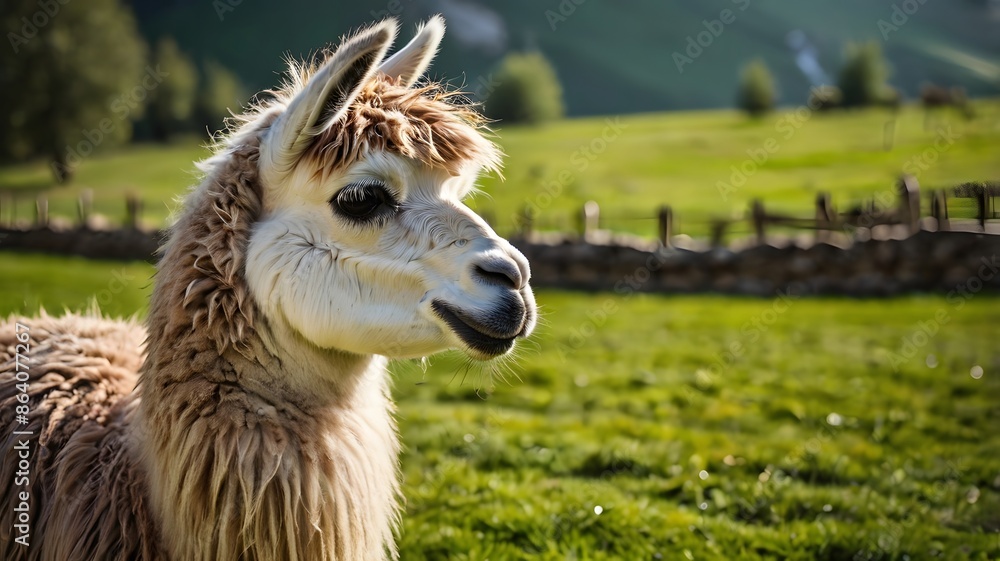 Obraz premium Close up wildlife animal llama on the green field