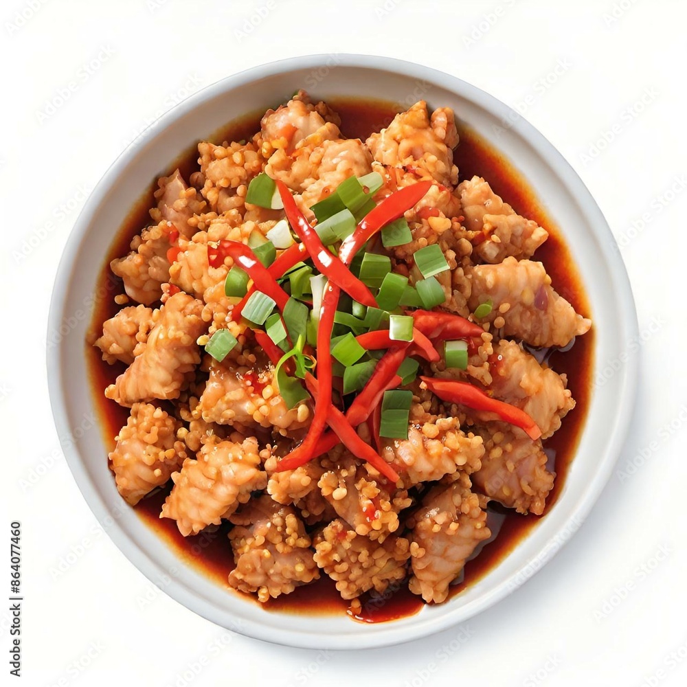 fried spicy chicken with vegetables and spices on white background. top view