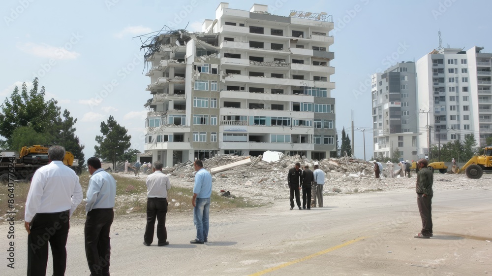 Obraz premium A collapsed apartment building lies in ruins after a recent earthquake, highlighting the devastation caused by natural disasters
