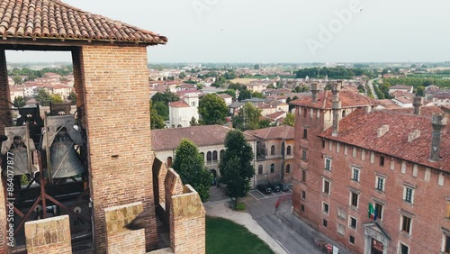 Revere, Italy. Aerial shot of the Ducal Palace. Historic city on the Po river. Mantuan village, lands of the Gonzaga family, Italian history. Famous bell tower, tourist destination.